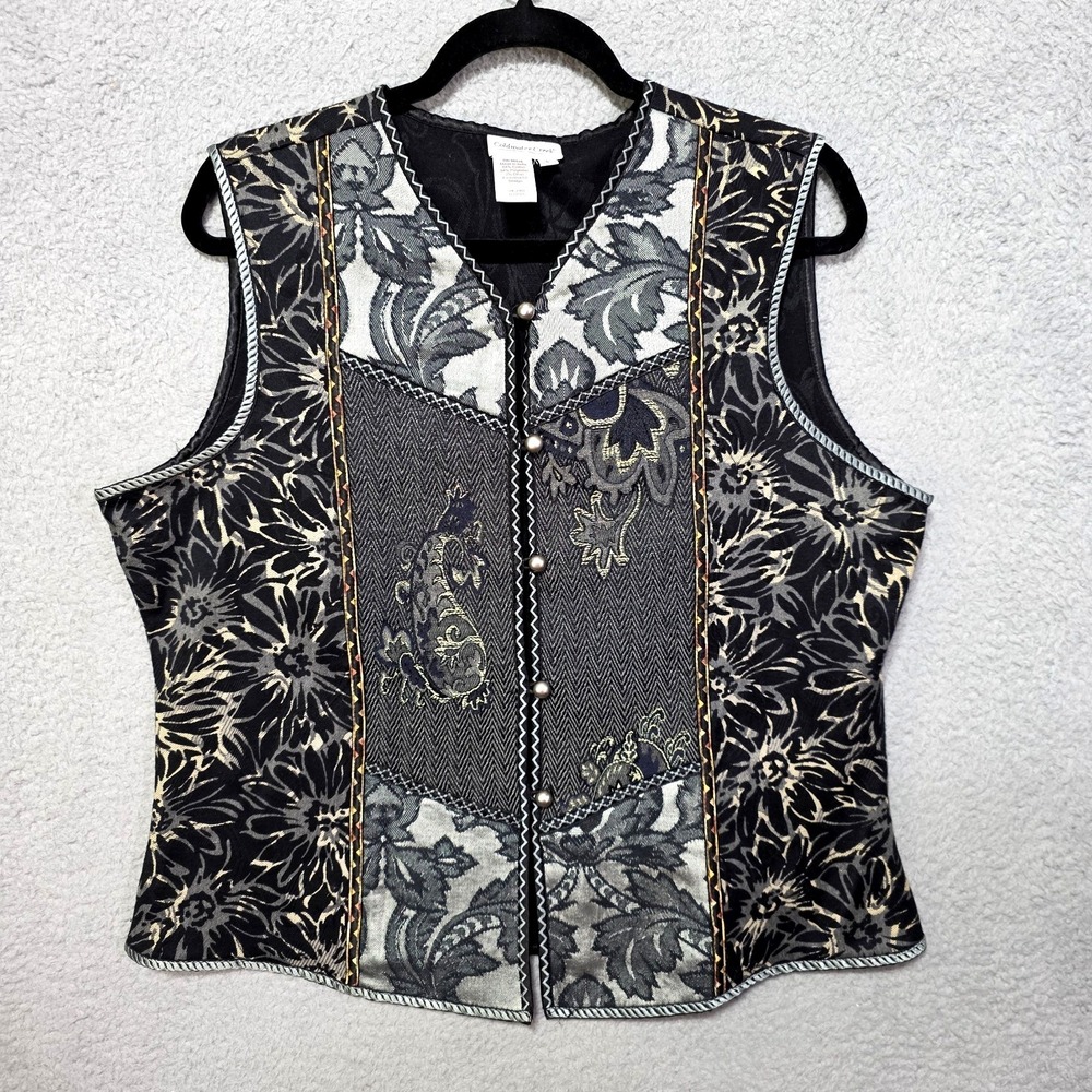 Vintage‎ Coldwater Creek Tapestry Style Floral Black Gold Vest Large Workwear